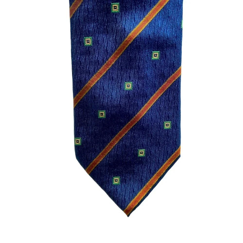 Bally Necktie. Blue with Rust Stripes and Green Squares.